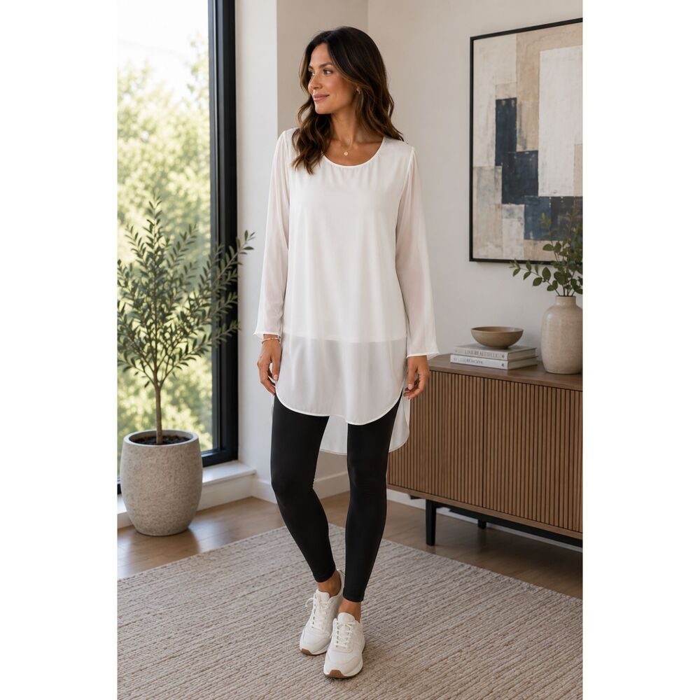Soft Surroundings Pale Gray/White Long-Sleeve Layered Tunic Blouse